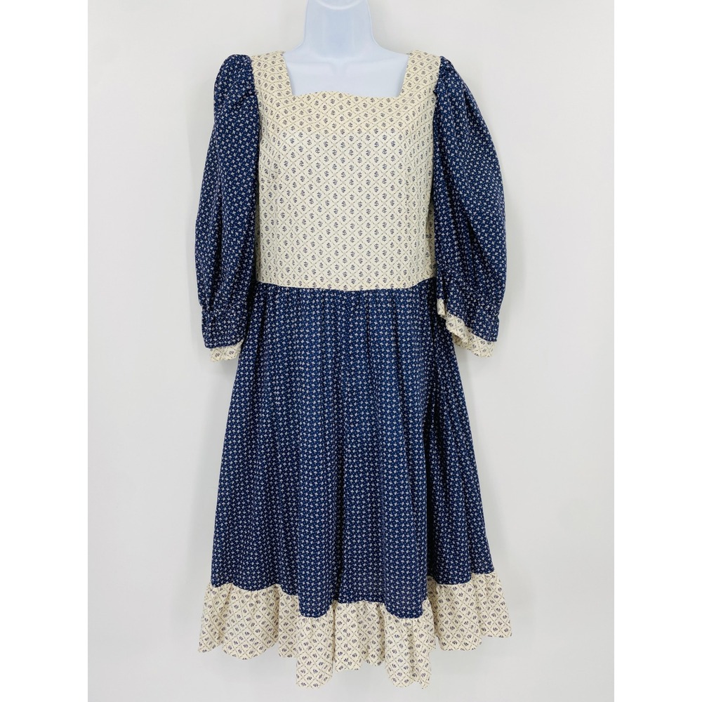 Handmade Vintage Midi Dress Womens Medium Blue Floral Calico Prairie Ruffle